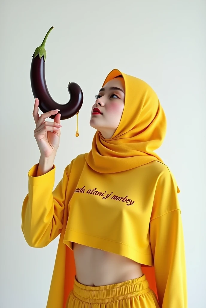 Beautiful Korean woman wearing a hijab, wearing a yellow crop top with the words "Madu Alami SJ MORBEY", right hand holding a long eggplant, at the end of the eggplant there are drops of condensed milk, left hand looking up, white begron