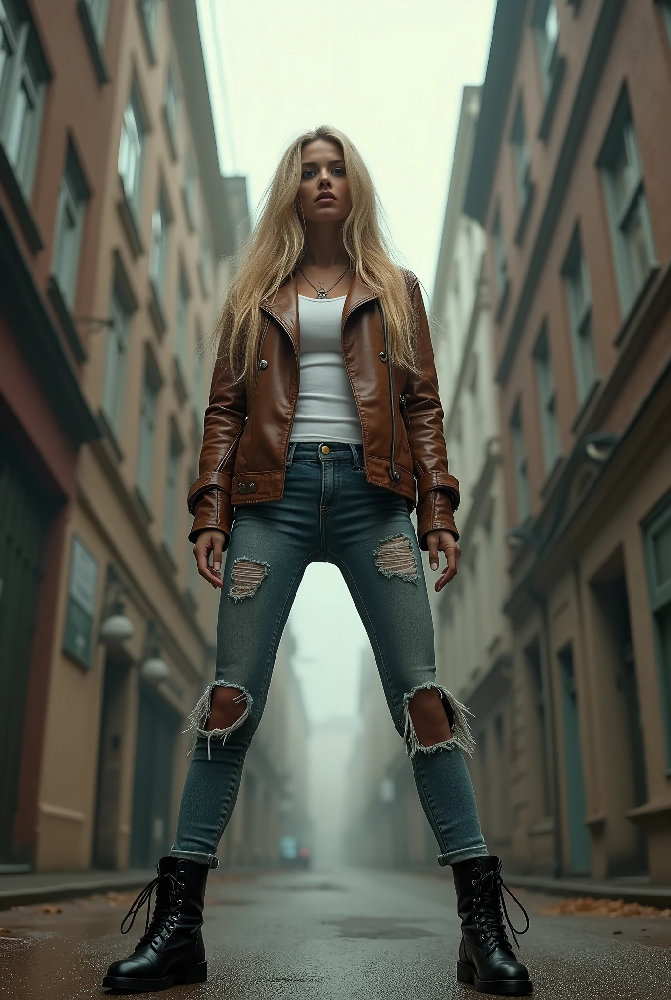  Photorealistic、Full live-action version、masterpiece、Composition looking up from the ground、1 blonde with long hair、Long legged bad girl、Standing with legs apart, Ultra low angle,  Perfect perspective、Looking up at a beautiful girl, Brown leather jacket and tight white shirt、Tight faded distressed denim、Black Leather Boots、Sexy leg lines、Towering Beautiful Girl, Beautiful girl looking down、Bad girl