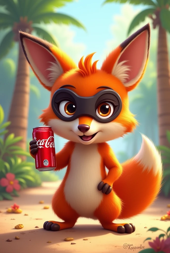 Fox animal from Dora the Explorer carries a Coca Cola in his hand and a mask 
