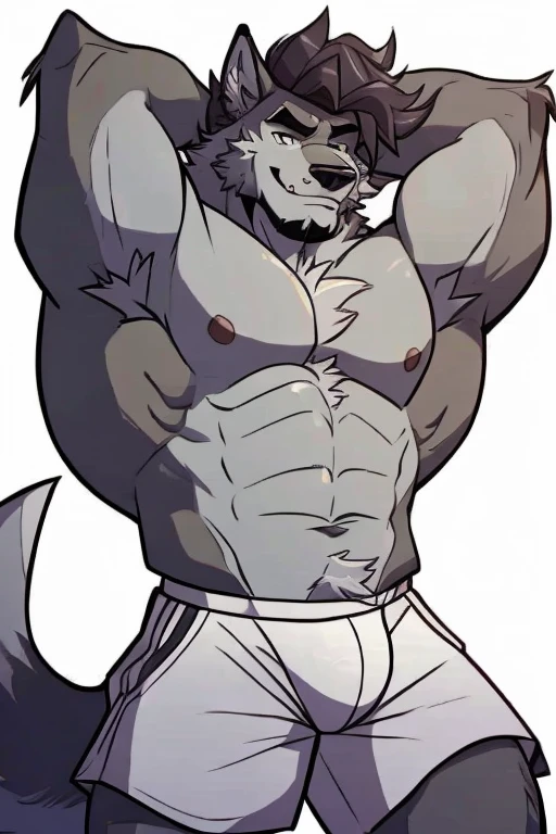 A Very Muscular Furry Gray Wolf. He is Topless with a gray shorts. His both hand is Together behind his head. The background is Gray. He have a little messy hair. He have gray eye. He is looking at the viewer. He is smiling