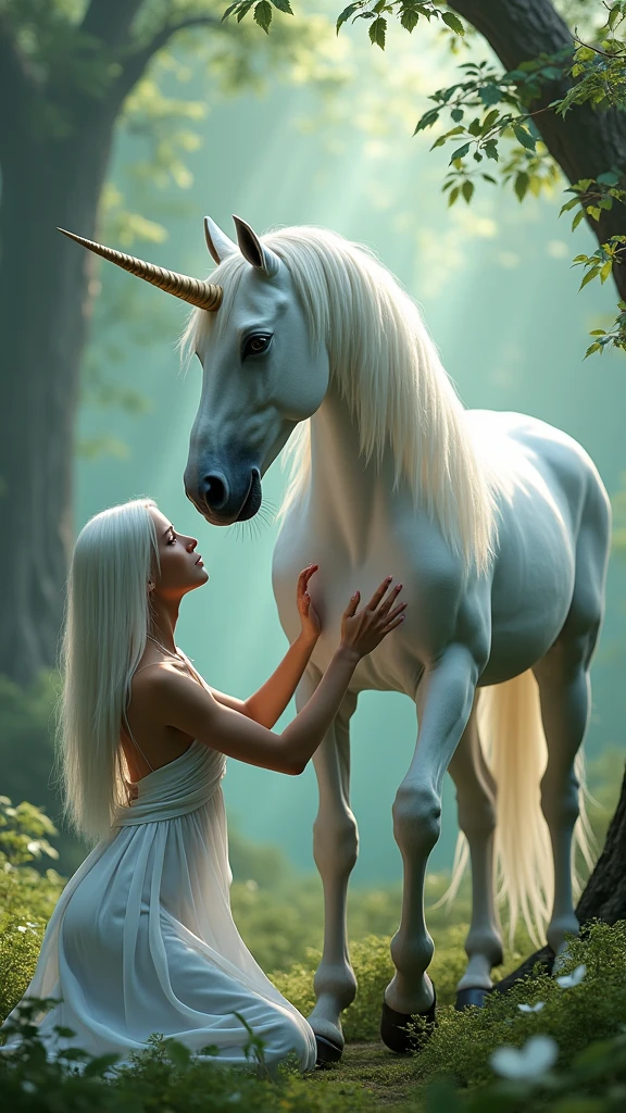 (photorealism:1.2), ((Sexy beautiful girl, cute, Russian beauty, 2, a thin fit body white hair)), ((Highest quality)), wearing long flowing white gown, knelling on the ground, of a magical fantasy forest, reached out, (reaching up), to pet a Large white unicorn's nose, (unicorn long thick mane), respectful, humble to be in the presence of such a majestic animal,