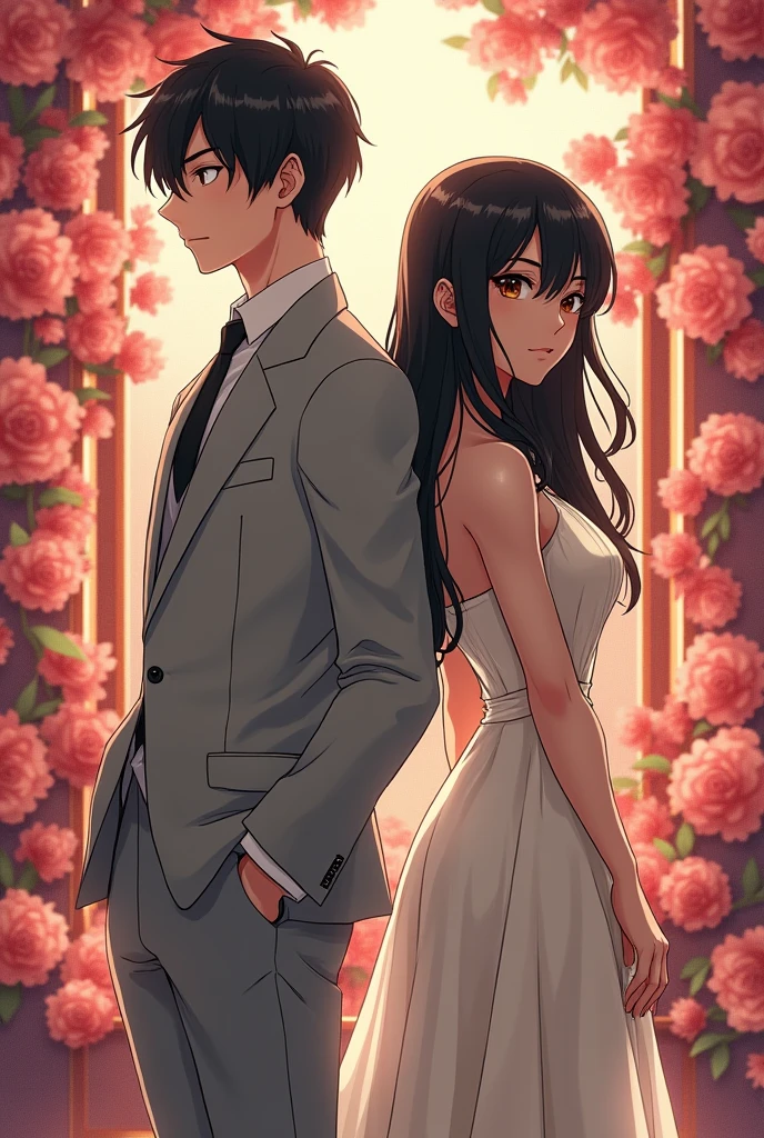 Cool, gentleman and young anime guy with his hands in his pockets. He is wearing white a light grey suit. He has a big chest and strong arms. He is tall and masculine. A gorgeous girl with dark hair. They stand back to back. Behind them is a beautifully wall of paper flowers