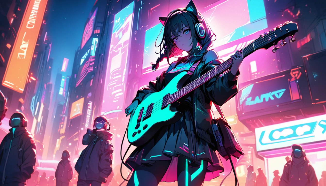 Beautiful 1, single, girl with braids, hair with glowing wires Wears a half hat, headphones, cat ears, mixed with sci-fi and neon tones. In the background is a robot with neon lights. The background image is a large robot, clearly visible. ,on stage, playing guitar On a vibrant, neon-soaked street in a bustling cyberpunk metropolis, she is busking with her keyboard, drawing a crowd of curious onlookers.