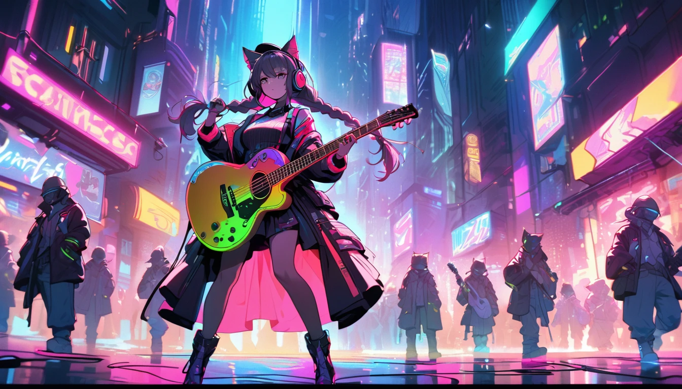 Beautiful 1, single, girl with braids, hair with glowing wires Wears a half hat, headphones, cat ears, mixed with sci-fi and neon tones. In the background is a robot with neon lights. The background image is a large robot, clearly visible. ,on stage, playing guitar　On a vibrant, neon-soaked street in a bustling cyberpunk metropolis, she is busking with her keyboard, drawing a crowd of curious onlookers.