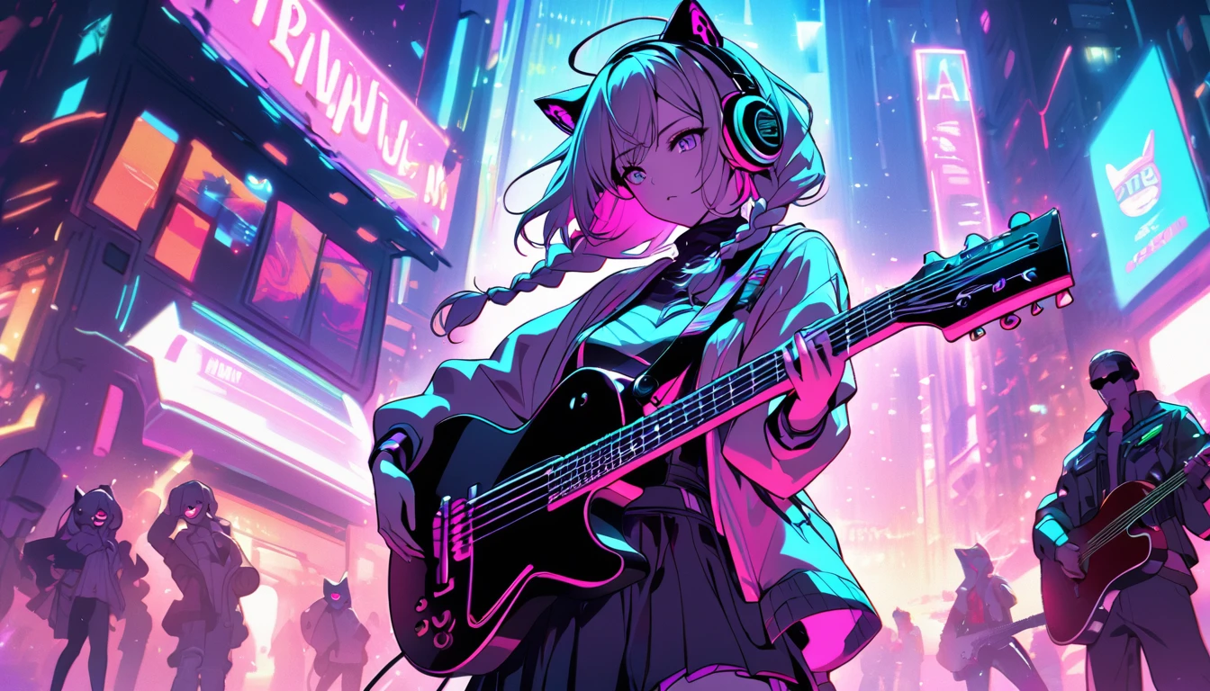 Beautiful 1, single, girl with braids, hair with glowing wires Wears a half hat, headphones, cat ears, mixed with sci-fi and neon tones. In the background is a robot with neon lights. The background image is a large robot, clearly visible. ,on stage, playing guitar　On a vibrant, neon-soaked street in a bustling cyberpunk metropolis, she is busking with her keyboard, drawing a crowd of curious onlookers.