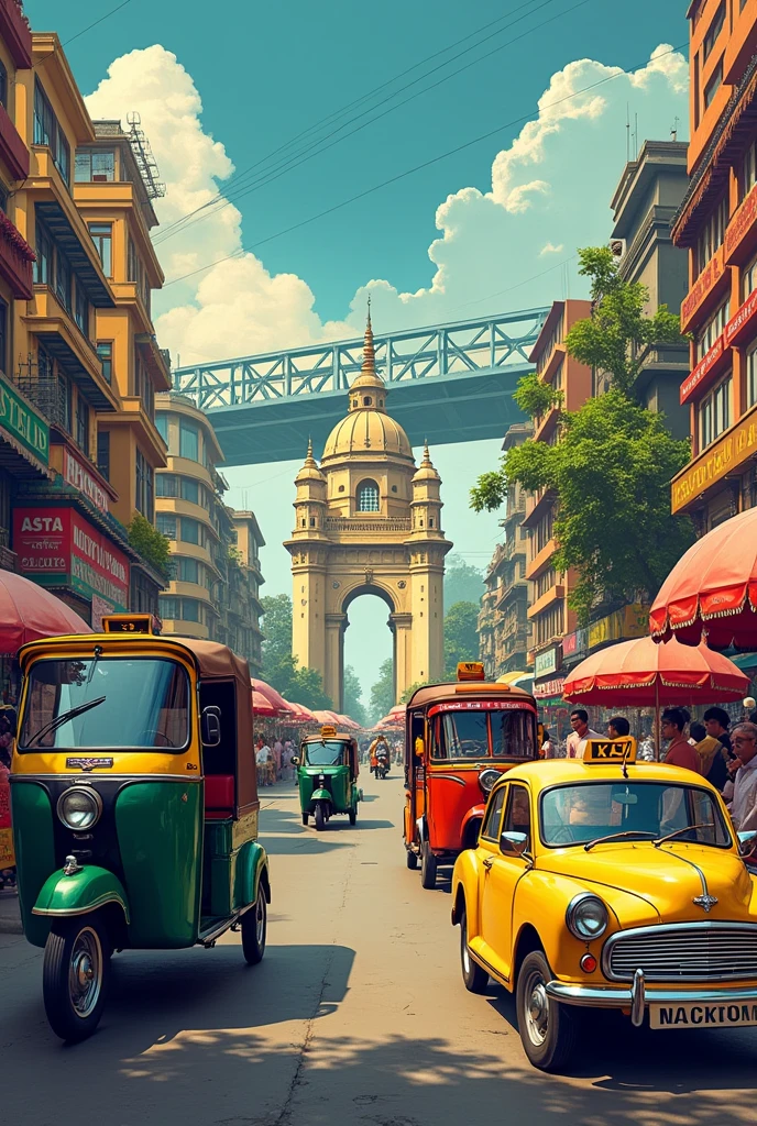 The rectangle collage of Kolkata showcases a vibrant mix of transportation and landmarks. In one corner, a hand-pulled rickshaw and a yellow taxi are parked side by side, while an auto-rickshaw speeds by in the background. The iconic Howrah Bridge stretches across the top, with the Hooghly River flowing beneath. The majestic Victoria Memorial stands proudly in the center, surrounded by sweet shops and street food stalls. A vintage tram chugs along the bottom edge, adding a touch of nostalgia to the bustling scene And durga puja