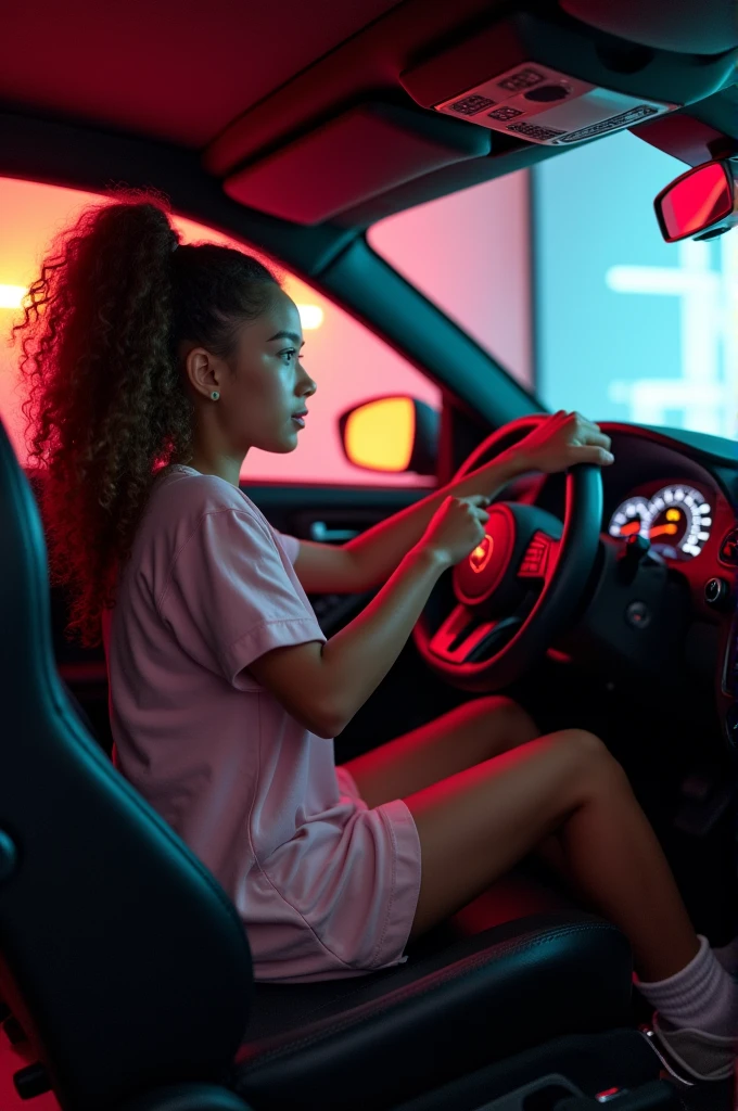 Ebony teen girl playing car game with steering wheel and pedals, socks