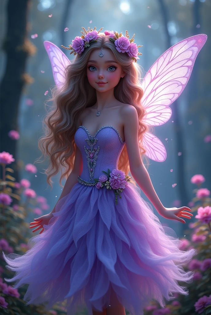 Hologram Shot、(Photorealism:1.2), Beautiful 1 forest fairy,Full Body Focus , She has long shiny hair and skin, Curly hair and a flower crown on her head, She has a very detailed and super intricate face and a cute smile, Beautiful purple dress, fluffy, soft, Flared dress.,The background is very clear and beautiful with forest flowers and trees.,The hair looks very beautiful in the light,(((背景を少し暗くしてHologram Shotで不思議な最高傑作))),The large wings and dress sparkle with holographic light.、Please create an image with a bright face by shining a little light on the face.,