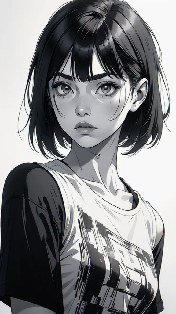 1 boyish girl, solo, sharp eyes, monochrome, greyscale, shoulder length black hair, portrait, blank white T-shirt, Thin eyebrows, closed mouth, looking at viewer, graphite \(medium\), detailed lips, hatching \(texture\), without makeup, (bangs), upper body, (best illustration), (best quality), (very detailed), (masterpiece), expressionless,