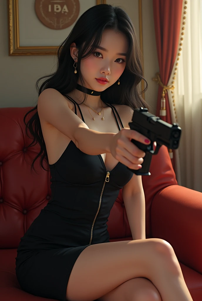 Sexy white korean animated Girl with a gun in her hand sittting in the chair with pose and wearning black army dress in her beautiful house