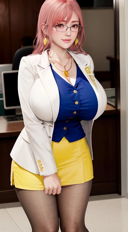 Honoka, Secretary,Pink Hair,Huge breasts,cleveage,yellow blazer, Pantyhose,Lovely,necklace,earrings,Red lips,Shy,wear glasse, secretary, Holding a folder,office, white pencil skirt