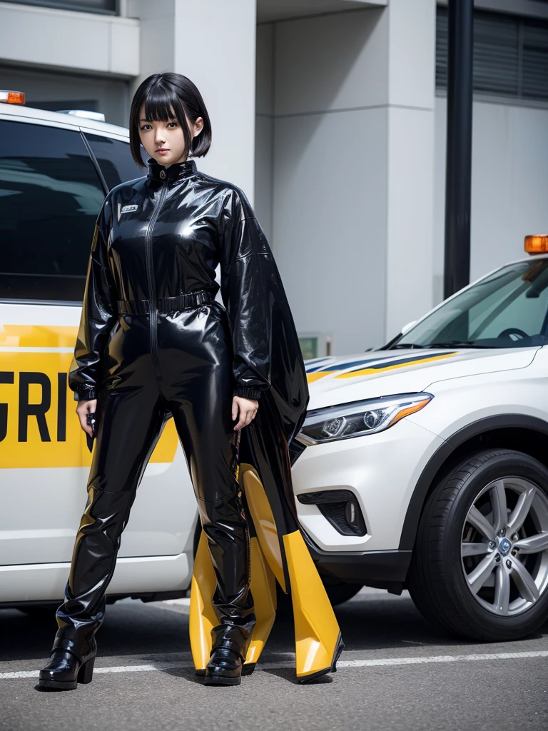 Japanese female android,Black Hair,Silver and orange robot suit,Plump,Standing next to a yellow police car in a parking lot,