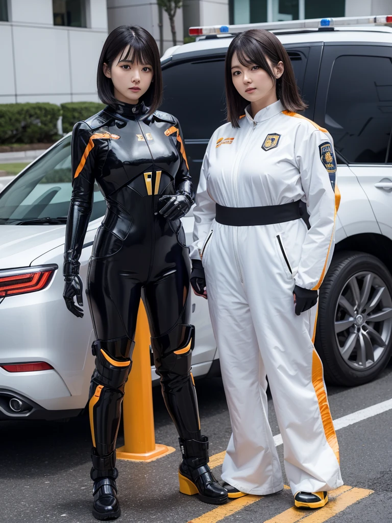 Japanese female android,Black Hair,Silver and orange robot suit,Plump,Standing next to a yellow police car in a parking lot,
