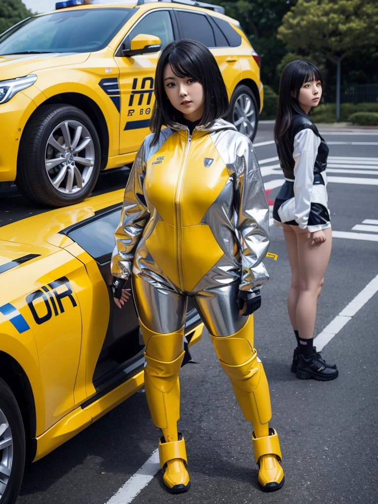 Japanese female android,Black Hair,Silver and orange robot suit,Plump,Standing next to a yellow police car in a parking lot,