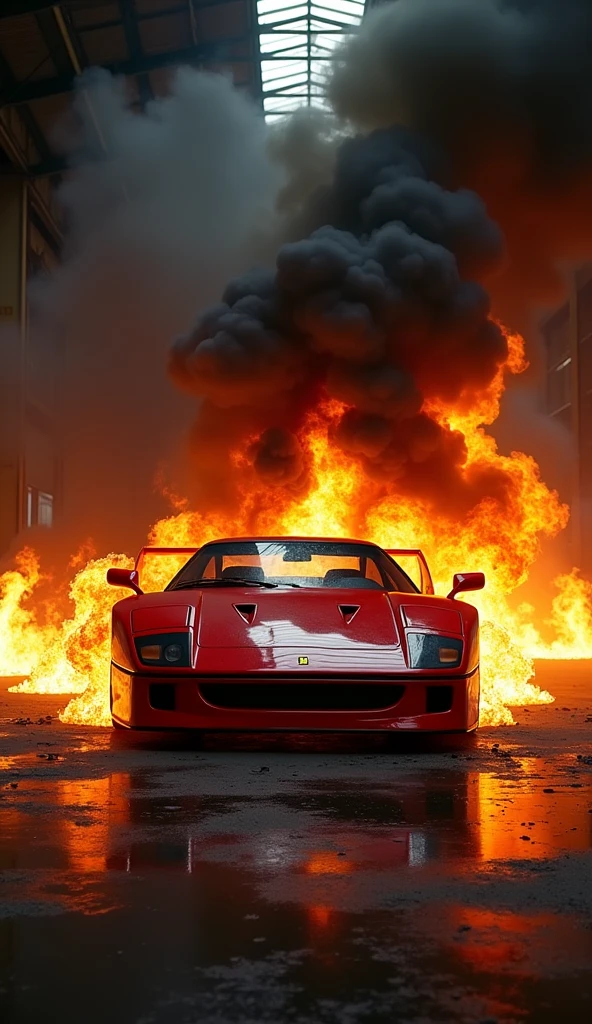 Ferrari f40 on fire with black smoke recreating a legendary photo that looks realistic