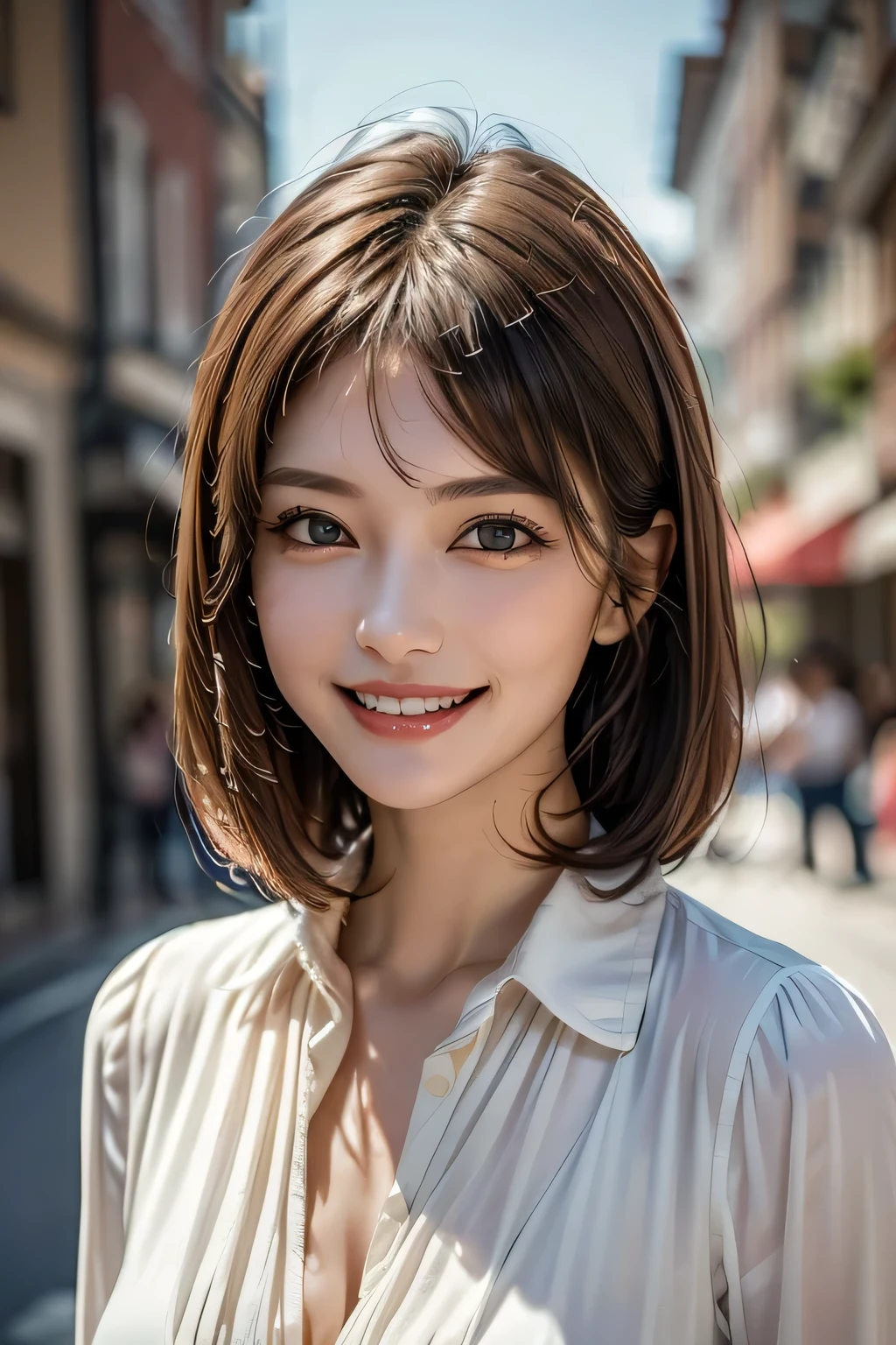 ((masterpiece)), ((Highest quality)), ((Complex)), ((Surreal)), (Realistic), (Mature Woman), ((There are no classes)), Very detailed, (1 female), Beautiful and exquisite, (Beautiful Teeth), Grin, Brunette bob hair, Brown eyes, ((blouse)), (Upper Body), ((background:none)), Perfect Eyes, Captivating eyes, Looking at the audience