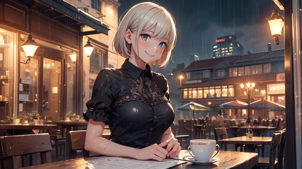 (8k, Highest quality, masterpiece: 1.2), (Realistic, Realistic: 1.37), Very detailed, 1 girl, cute, alone, Beautifully detailed skies, Detailed Cafe, night, Sitting, date, ( Red nose), (smile: 1.15), (Close your mouth) Small breasts, Beautiful details, (Collared shirt: 1.1), night, Wet, Business Wear, rain, White lace, (short hair: 1.2), Floating Hair NovaFrogStyle,