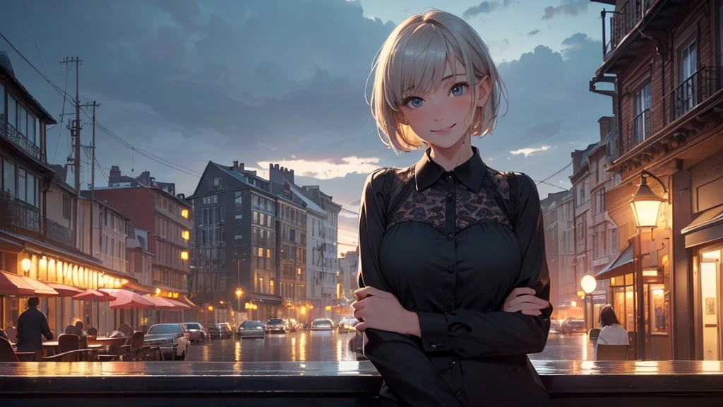 (8k, Highest quality, masterpiece: 1.2), (Realistic, Realistic: 1.37), Very detailed, 1 girl, cute, alone, Beautifully detailed skies, Detailed Cafe, night, Sitting, date, ( Red nose), (smile: 1.15), (Close your mouth) Small breasts, Beautiful details, (Collared shirt: 1.1), night, Wet, Business Wear, rain, White lace, (short hair: 1.2), Floating Hair NovaFrogStyle,