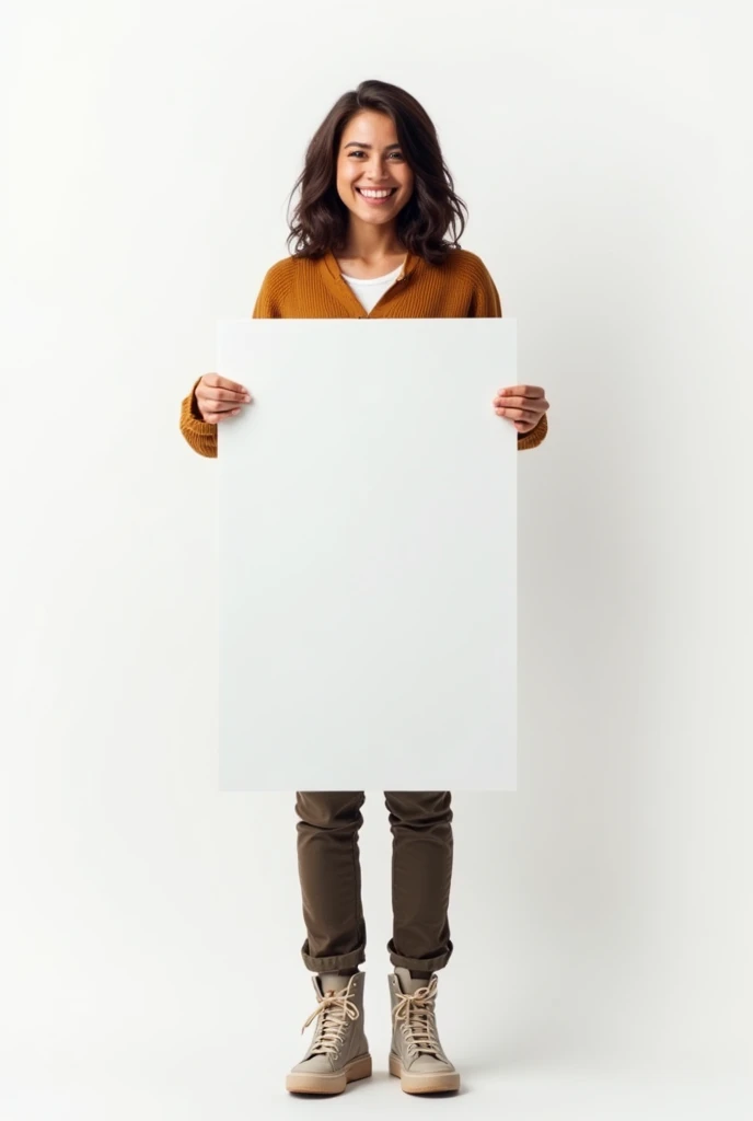 realistic teen girl about 18 20 years old in white background who holds vertical sheet of paper and shows it and happy full heigh