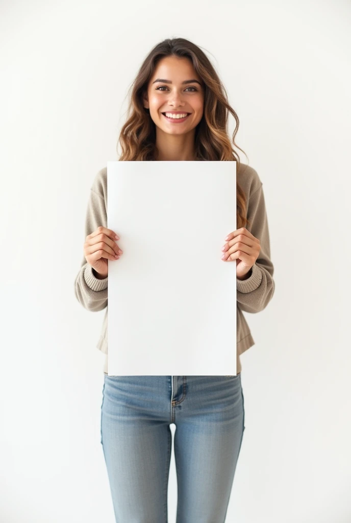 realistic girl about 18 20 years old in white background who holds vertical sheet of paper and shows it and happy full heigh