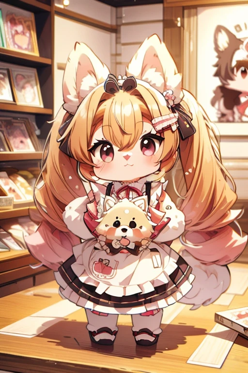 Highest quality,masterpiece,dogcafe,Girl clerk,Maid clothes,1girl,(Pomeranian,small dogs 1.3),Anime Style,cute,Twin tail hair,