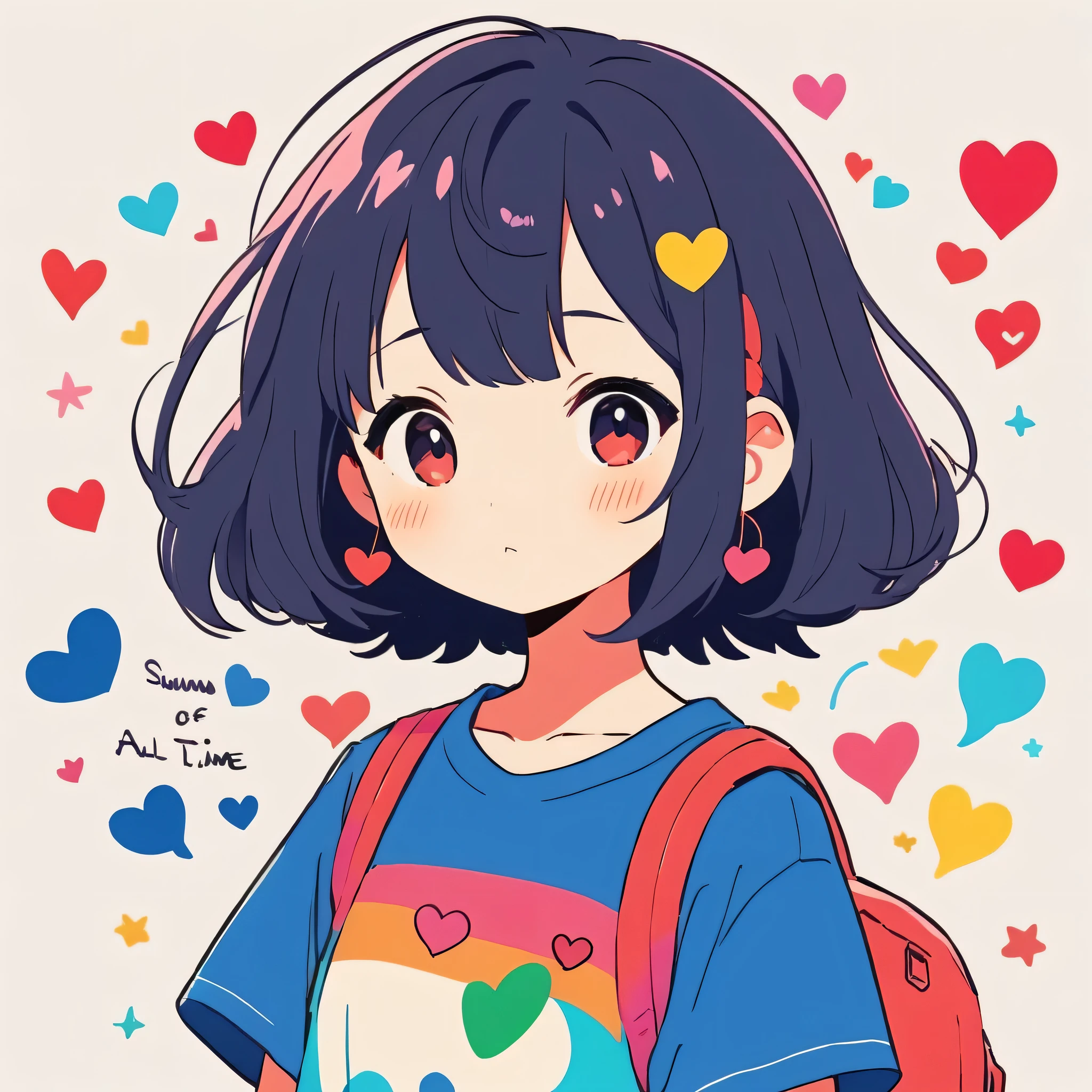Makoto Shinkai colorful style, Simple Line Initialism,Abstract art,Kawaii Design, The most beautiful girl of all time、chibi, (((Cute aliens))), colorful hearts, summer version
