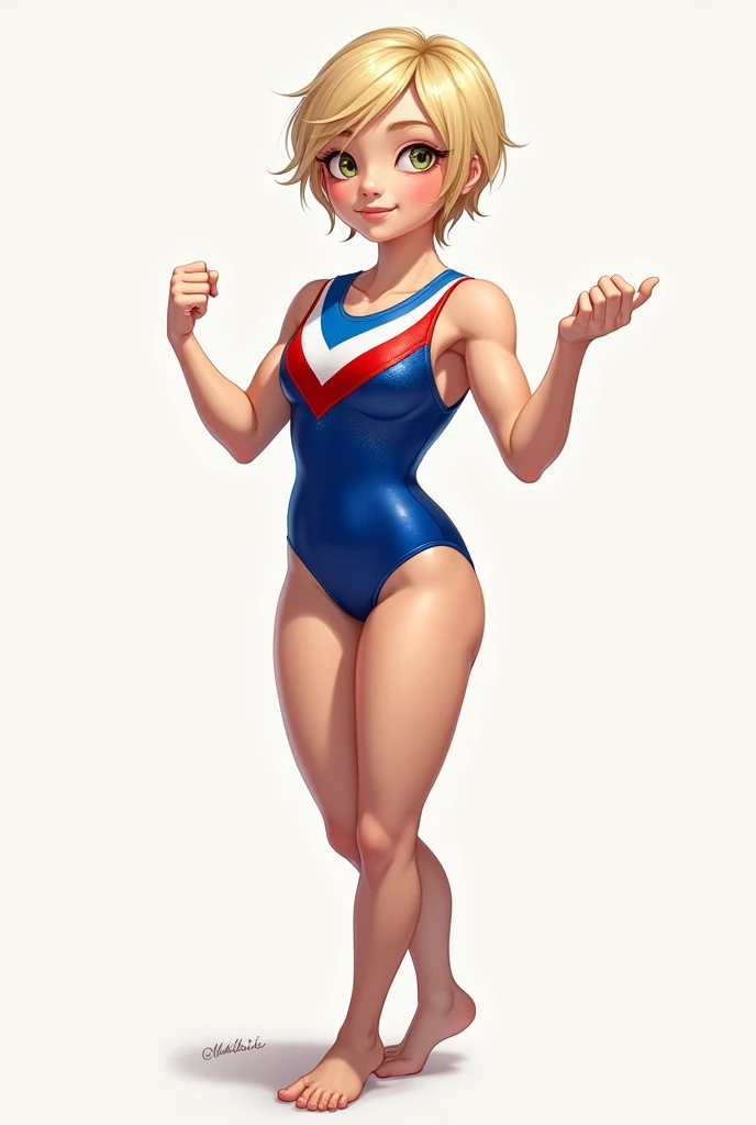(, wearing a blue white artistic gymnastics swimsuit, blonde Russian girl, brava, tabby,thick thighs and thin waist,short, muinto short coxas grossas