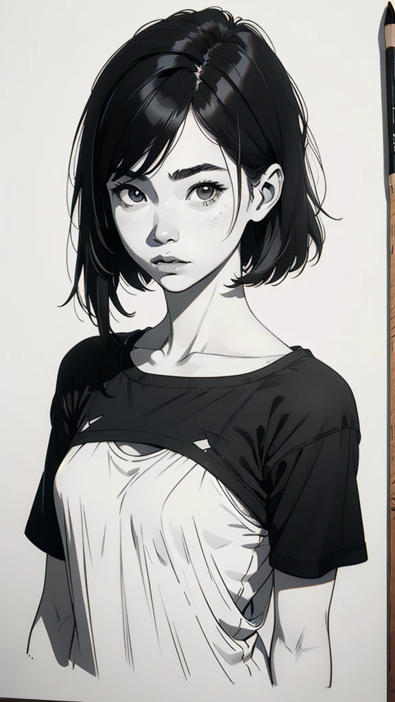 1 asian boyish girl, solo, sharp eyes, monochrome, greyscale, shoulder length black hair, portrait, blank white T-shirt, Thin eyebrows, closed mouth, looking at viewer, graphite \(medium\), detailed lips, hatching \(texture\), without makeup, (bangs), upper body, (best illustration), (best quality), (very detailed), (masterpiece), expressionless,