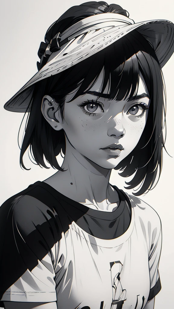 1 asian boyish girl, solo, sharp eyes, monochrome, greyscale, shoulder length black hair, portrait, blank white T-shirt, Thin eyebrows, closed mouth, looking at viewer, graphite \(medium\), detailed lips, hatching \(texture\), without makeup, (bangs), upper body, (best illustration), (best quality), (very detailed), (masterpiece), expressionless,