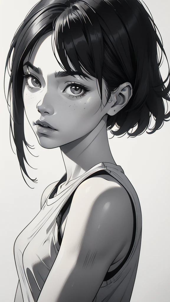 1 asian boyish girl, solo, sharp eyes, monochrome, greyscale, shoulder length black hair, portrait, blank white T-shirt, Thin eyebrows, closed mouth, looking at viewer, graphite \(medium\), detailed lips, hatching \(texture\), without makeup, (bangs), upper body, (best illustration), (best quality), (very detailed), (masterpiece), expressionless,