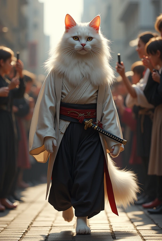 "A white cat walks upright on two legs, wearing a traditional Japanese groom's hakama with a matching haori jacket. The cat has long, silky fur, and his look is completed with a traditional katana sword at his side. The crowd is in awe, snapping pictures of this sophisticated groom."