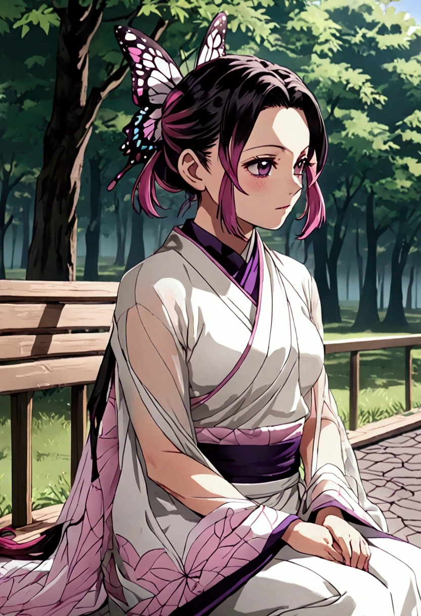 ((((shinobu kochou from demon slayer)))),((((wearing a white see through saree with fading pink at the end and her black lines cracking ground pattern on her saree)))),her hairstyle is very short raven-black wavy hair that fades into dark purple at the ends, deep purple eyes with no visible pupils , sitting on a bench in park, human body structure, no ornaments, photo session, innocent looking ,proper body proportion ,  Her hair is medium length, dark and tied up into a butterfly-shaped bun at the back of her head, with purple-tinted ends. She has long, straight bangs that frame her face and two strands of hair falling gracefully down each side of her face. The hairstyle should have a delicate, elegant appearance, with vibrant and clean anime-style shading. The butterfly accessory in the bun is detailed with light purple and white colors, matching the hair’s purple tips.