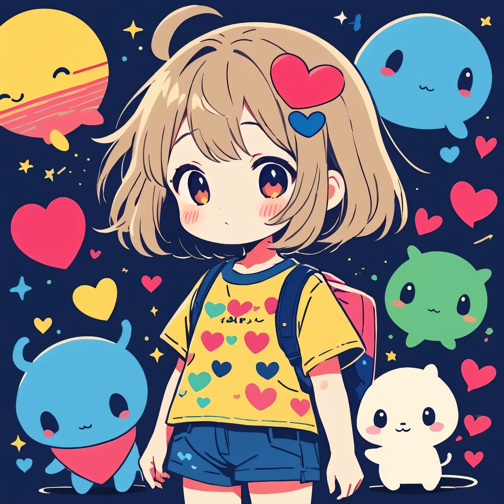 Makoto Shinkai colorful style, Simple Line Initialism,Abstract art,Kawaii Design, The most beautiful girl of all time、chibi, (((Cute aliens))), colorful hearts, summer version