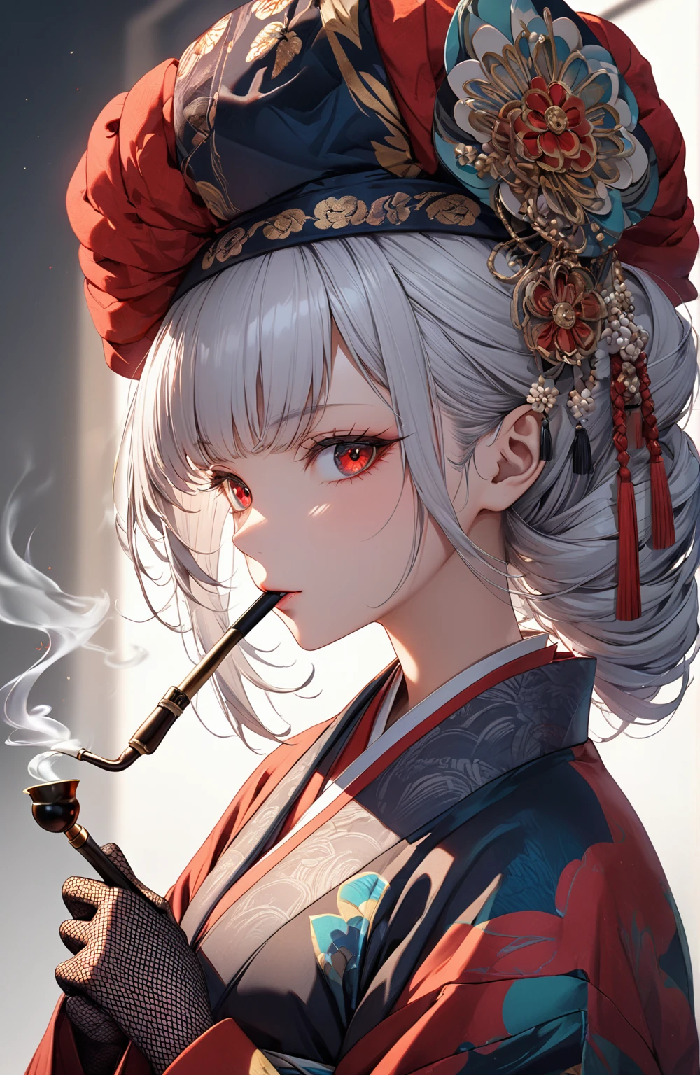 Ultra high resolution, rich colors, perfect image, top quality, detailed image, beautiful woman, glowing skin, skin and clothing texture, delicate eyes, Showa era, kimono, haori, tilted toque, black fishnet gloves, smoking pipe, sideways, long silver hair, red eyes