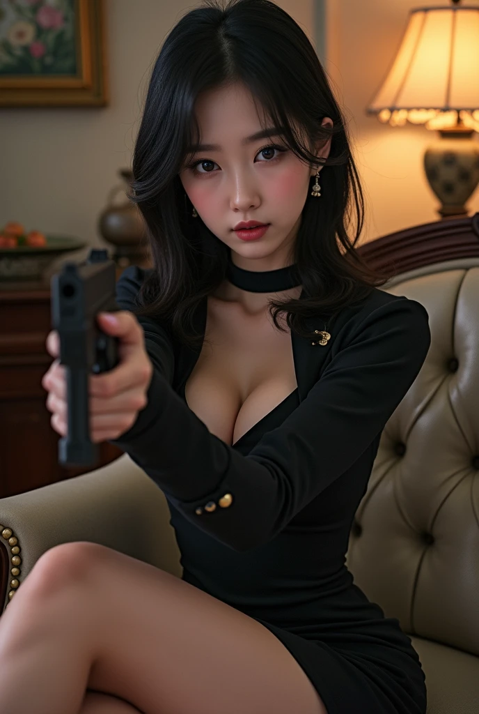 Sexy white korean animated Girl with a gun in her hand sittting in the chair with pose and wearning black army dress in her beautiful house