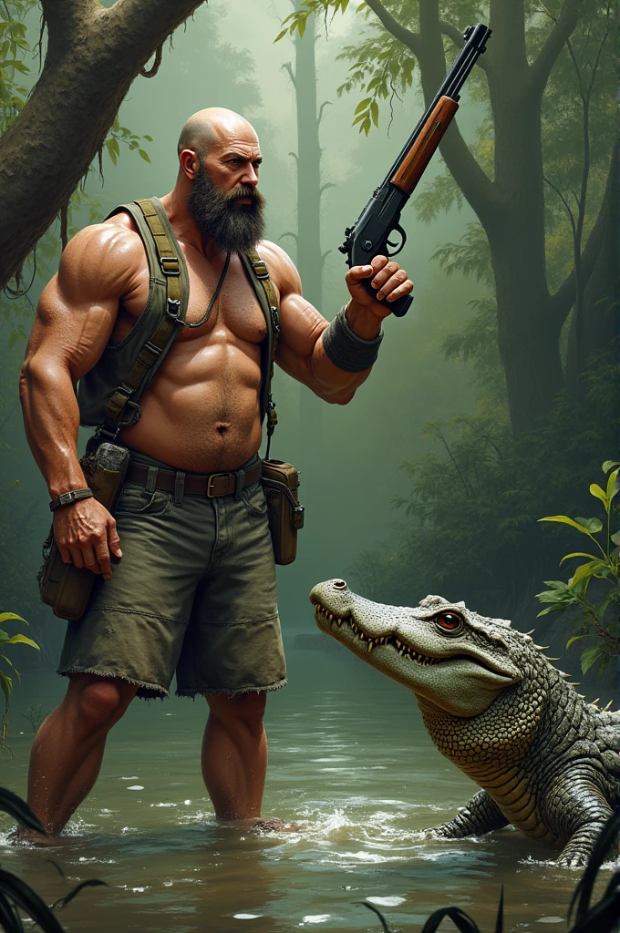 Un chauve redneck , avec une moustache, musclé et un peu gros, des yeux perçants , petit avec un short et des sandales , avec une armes à feu en train de chasser le crocodile