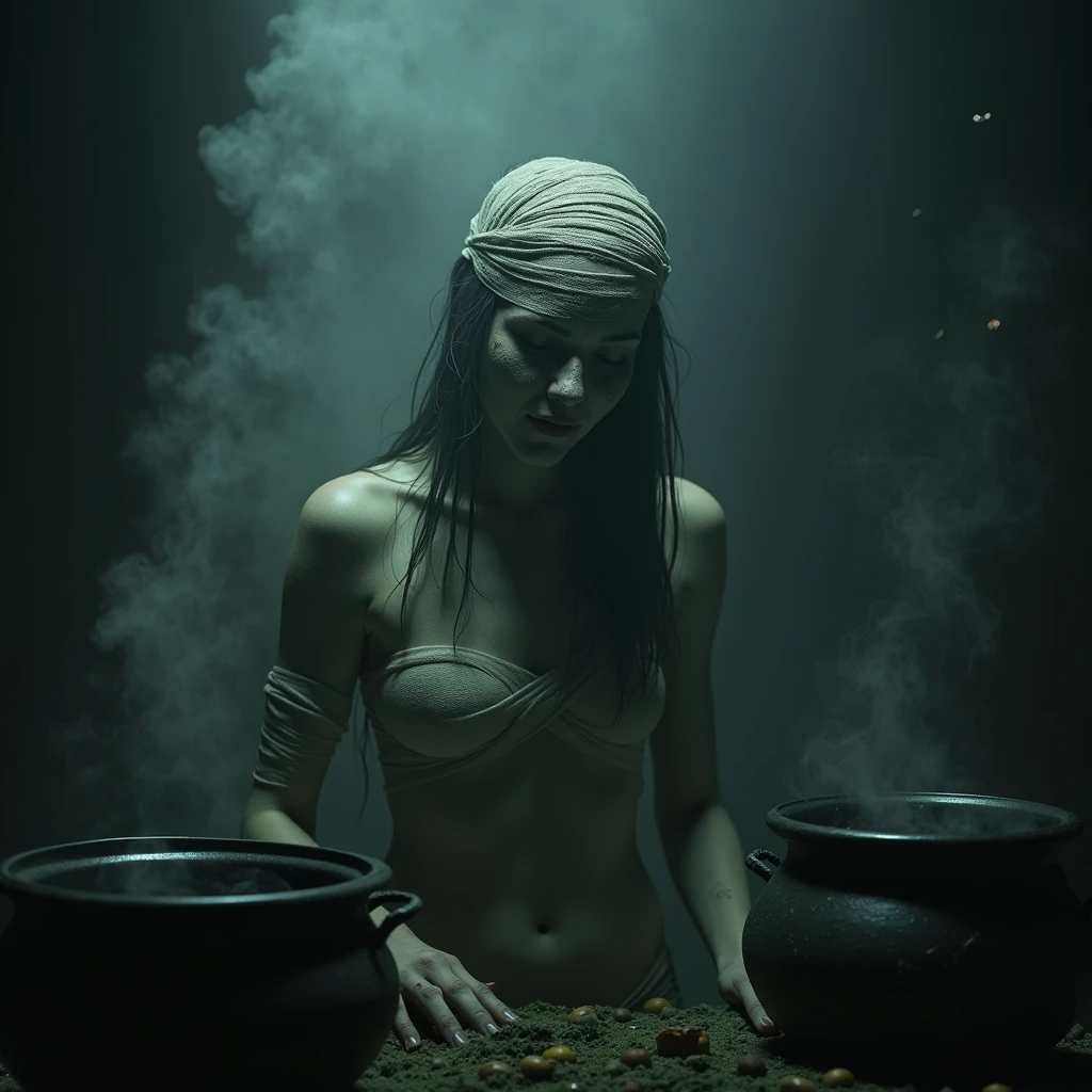 Hyperrealism,female focus,Southeast Asian,(myth:0.68),Horrific visions,(Fetid cauldrons:0.78),(Wrapped in bandages:0.87),Mottled,Depth of Detail,Lens Flare,(soft cinematic light:0.68),(david s. goyer:0.72),Tunic top,