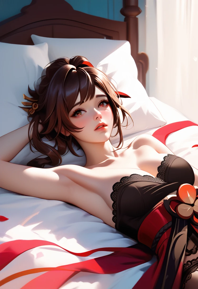 score_9, score_8_up, score_7_up, high quality ,masterpiece ,best quality ,Lying face up on the bed,In the bedroom,girl,Cute Face,,Poke out your lips,Feeling embarrassed, large breast ,Beautiful Skin,_Chiori_Genshin Impact,Brown Hair ,Wearing black lace underwear