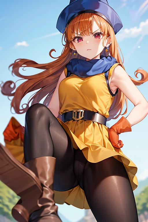 DQ4-ALENA,black tattered pantyhose,blue headwear,boots,curly hair,earrings,long hair,orange gloves,orange hair,red eyes,sleeveless,yellow dress,yellow skirt, the skirt is floating Angry humiliation
