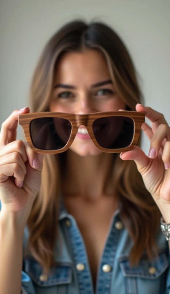 A person (you) holding up a pair of sleek, wooden sunglasses with a smile. The wood grain is visible and detailed. The person looks proud and confident as they put on the wooden sunglasses.
