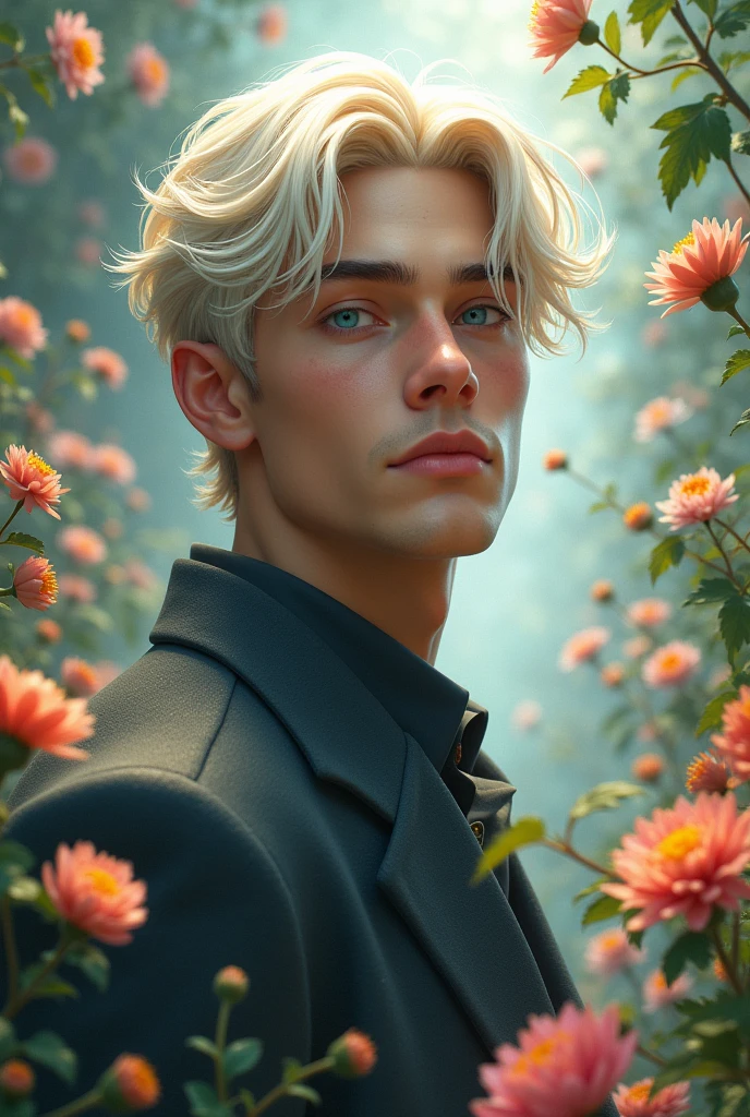 Create a male image , blue eyes ,Center parted wavy hair , Platinum blonde hair , There are flowers all around like magic. , strong , gentle