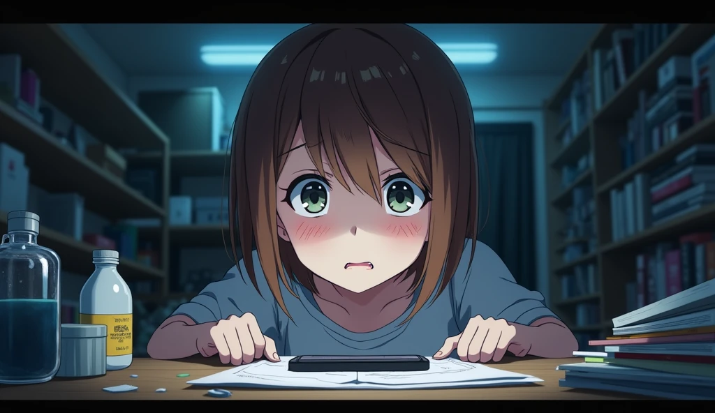 An anime image of a teenage girl with short brown hair in a room. Things are scattered all over the floor. In the midst of the chaos, she stares at the table, showing a shocked and worried expression because there is a phone left on the table. The atmosphere is dark.