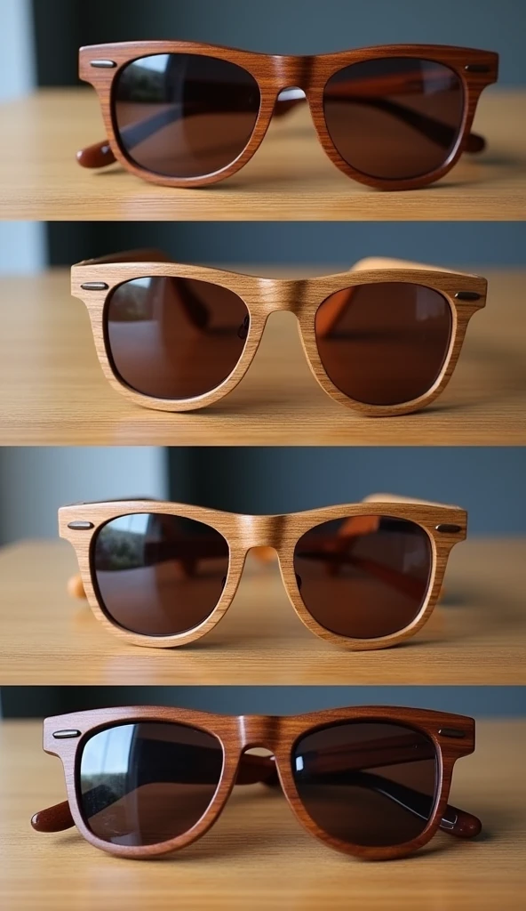 Montage of different wooden sunglasses on a wooden table. The camera pans across the table, highlighting the texture and grain of pine, oak, sapelli, and beech. The person tries on different pairs, showing them fitting comfortably.
