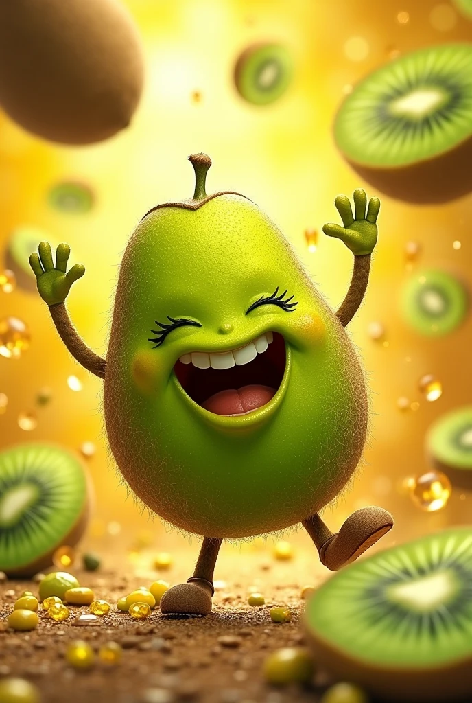 Zespri commercial artwork, Kiwi fruit with limbs sings and dances, Juicy fruit background