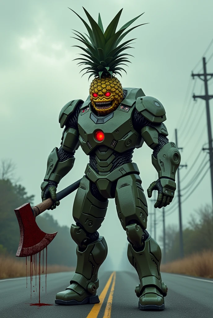 an evil pineapple in a iron man suit on middle of road and a bloody axe