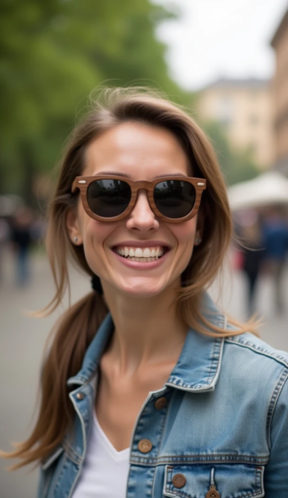 A person wearing the wooden sunglasses outdoors, confidently walking through a park or urban area. The sunglasses look stylish and unique. The person smiles, looking satisfied with the choice.