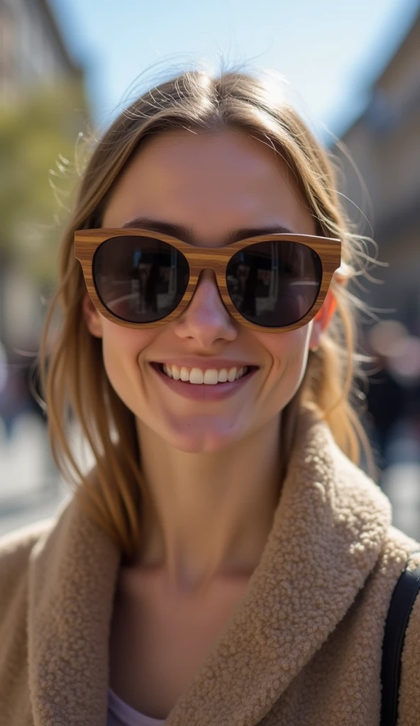 A person wearing the wooden sunglasses outdoors, confidently walking through a park or urban area. The sunglasses look stylish and unique. The person smiles, looking satisfied with the choice.