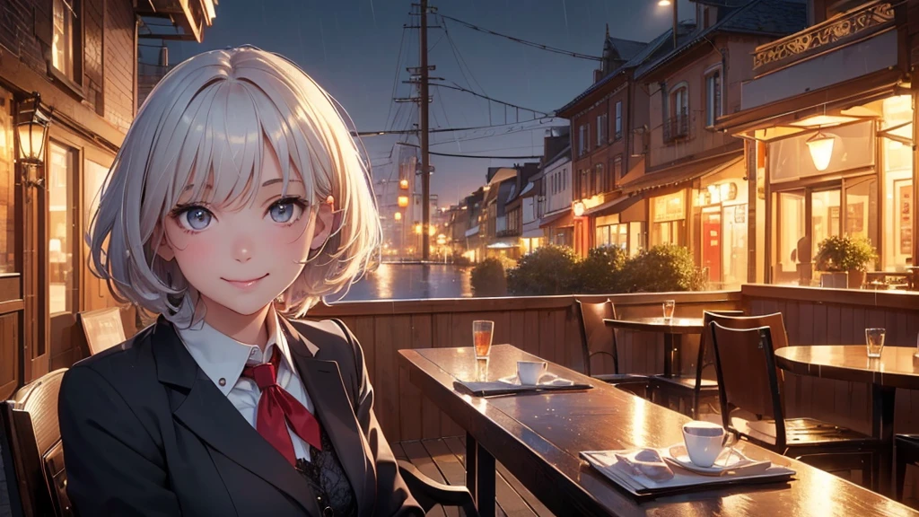 (8k, Highest quality, masterpiece: 1.2), (Realistic, Realistic: 1.37), Very detailed, 1 girl, cute, alone, Beautifully detailed skies, Detailed Cafe, night, Sitting, date, ( Red nose), (smile: 1.15), (Close your mouth) Small breasts, Beautiful details, (Collared shirt: 1.1), night, Wet, Business Wear, rain, White lace, (short hair: 1.2), Floating Hair NovaFrogStyle,