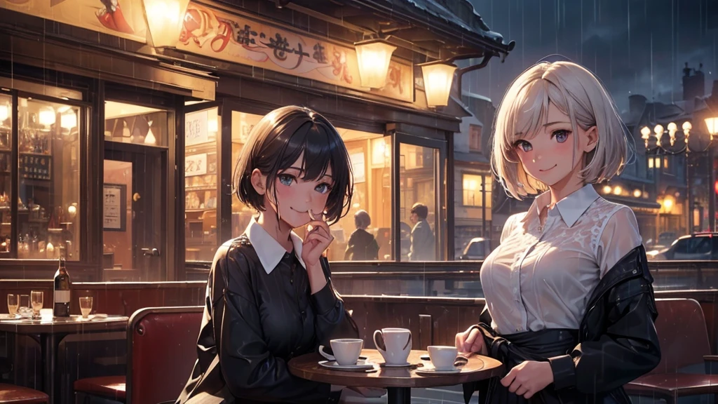(8k, Highest quality, masterpiece: 1.2), (Realistic, Realistic: 1.37), Very detailed, 1 girl, cute, alone, Beautifully detailed skies, Detailed Cafe, night, Sitting, date, ( Red nose), (smile: 1.15), (Close your mouth) Small breasts, Beautiful details, (Collared shirt: 1.1), night, Wet, Business Wear, rain, White lace, (short hair: 1.2), Floating Hair NovaFrogStyle,