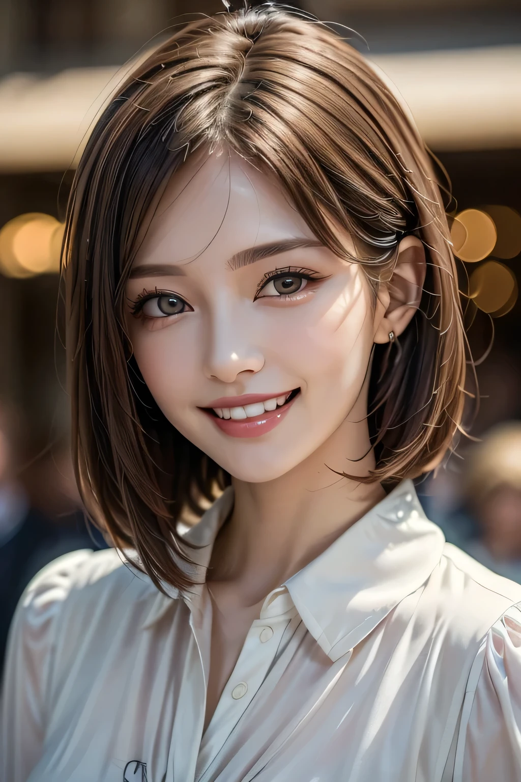 ((masterpiece)), ((Highest quality)), ((Complex)), ((Surreal)), (Realistic), (Mature Woman), ((There are no classes)), Very detailed, (1 female), Beautiful and exquisite, (Beautiful Teeth), Grin, Brunette bob hair, Brown eyes, ((blouse)), (Upper Body), ((background:none)), Perfect Eyes, Captivating eyes, Looking at the audience